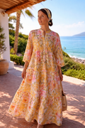 Yellow oversized floral maxi dress with pink and cream flowers, lightweight flowing viscose fabric, loose boho style, button front V neckline, breathable summer dress for women, elegant plus size outfit, long airy dress for warm weather, Geltona ilga plati suknelė su gėlėmis, lengvas krentantis audinys, boho stiliaus didesnio dydžio suknelė vasarai