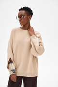 smėlio spalvos moteriškas megztukas su dekoratyvine viskozės detale rankovėse lengvas pavasarinis megztinis su medvilne stilingas laisvalaikio megztukas moterims prie džinsų