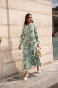 Žalia šilko viskozės ilga suknelė, lengva vasaros suknelė, gėlių raštas, nesiglamžanti medžiaga